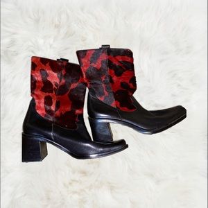 Red and black pony hair leather cowboy boots